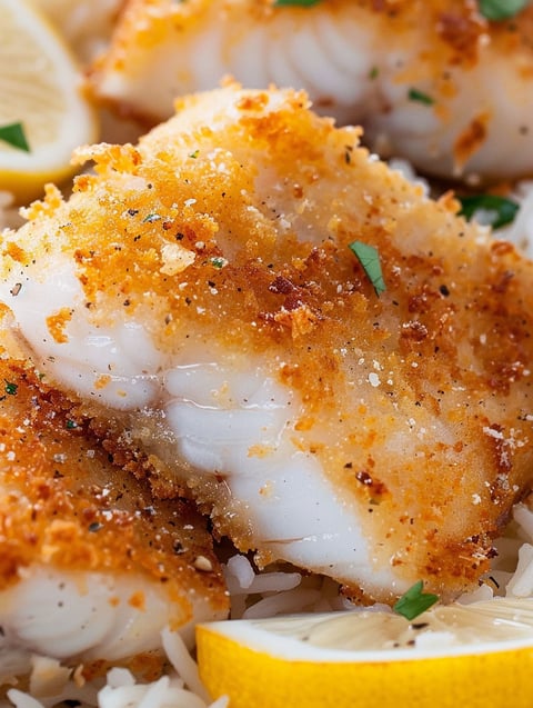 A pan fried fish with rice and lemon.