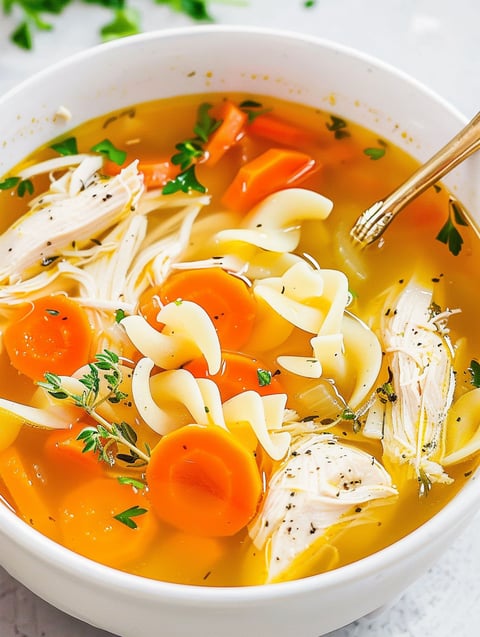A bowl of soup with chicken, carrots, and noodles.