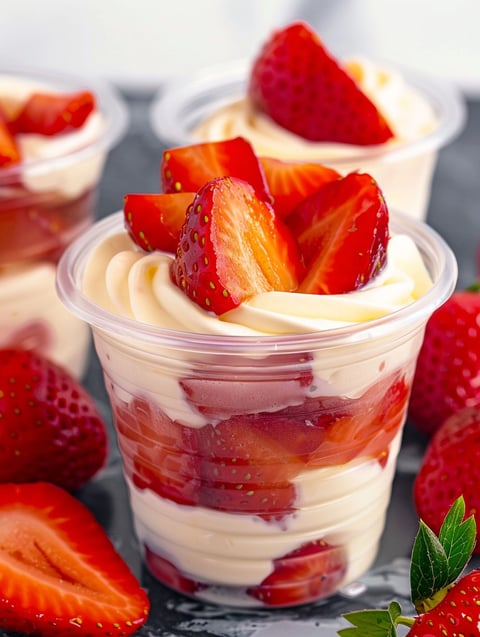 A cup of cream with strawberries on top.