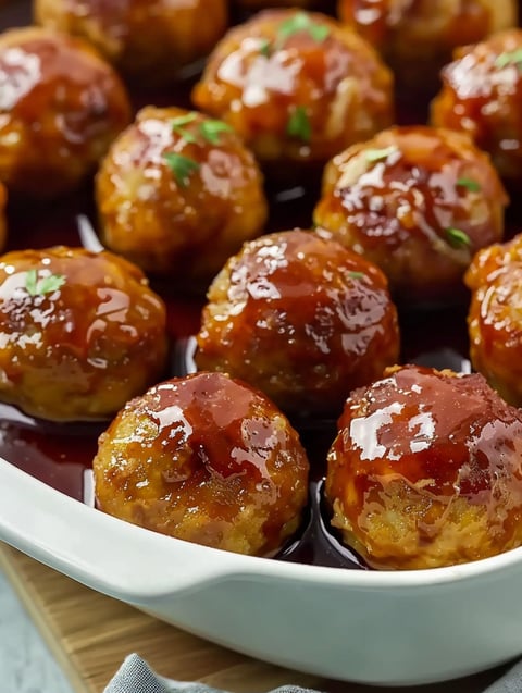 A plate of ham balls in a sauce.