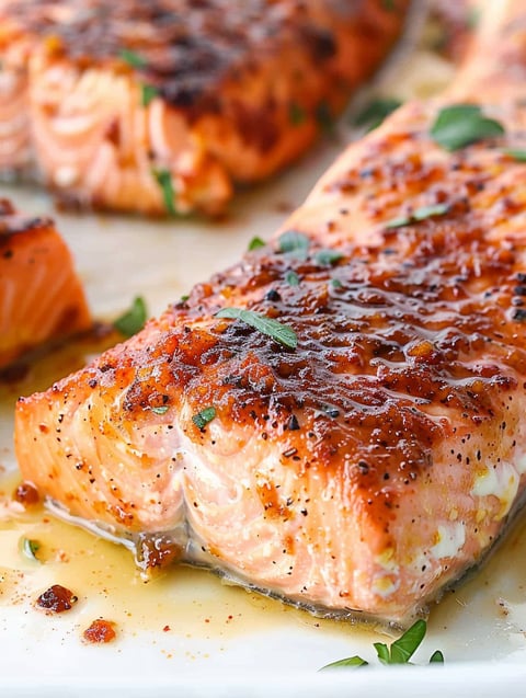 A piece of salmon with a brown sauce on top.