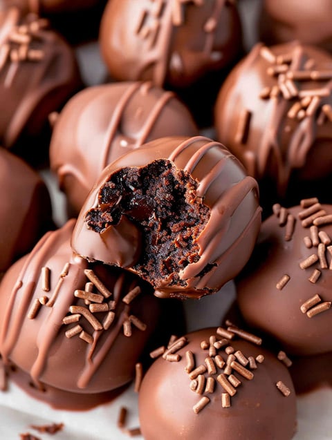 A chocolate ball with a bite taken out of it.