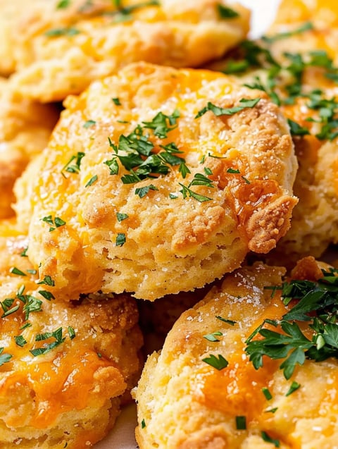 A close up of a biscuit with cheese and herbs on top.