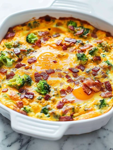 A close up of a delicious keto overnight breakfast casserole.