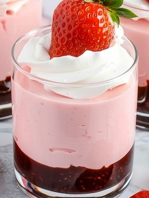 A glass of strawberry mousse with a strawberry on top.
