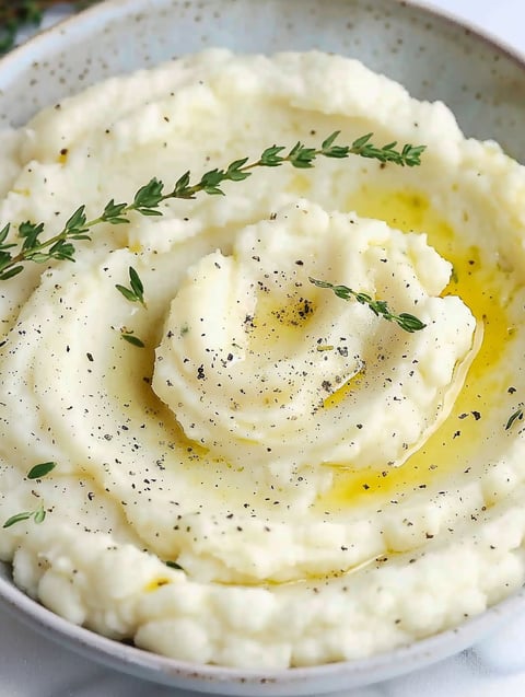 A bowl of mashed cauliflower with roasted garlic butter.