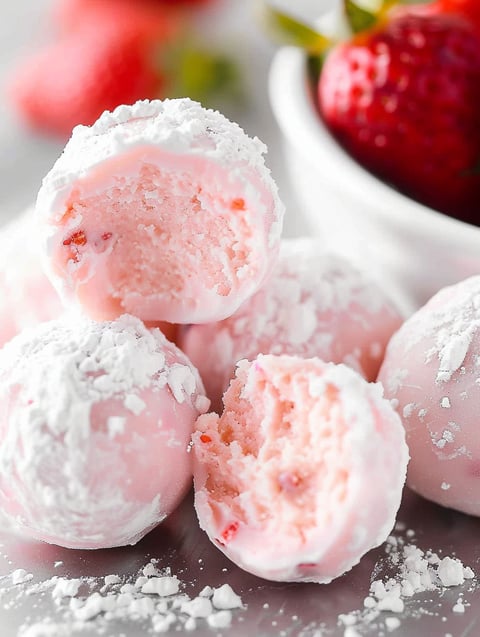 A bowl of pink and white strawberry truffles.