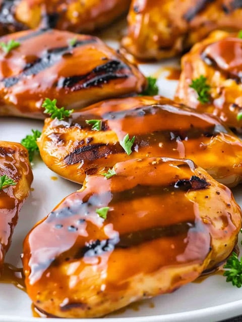 Honey barbecue grilled chicken on a white plate.