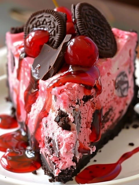 A slice of Oreo cherry chocolate chip no bake cheesecake.