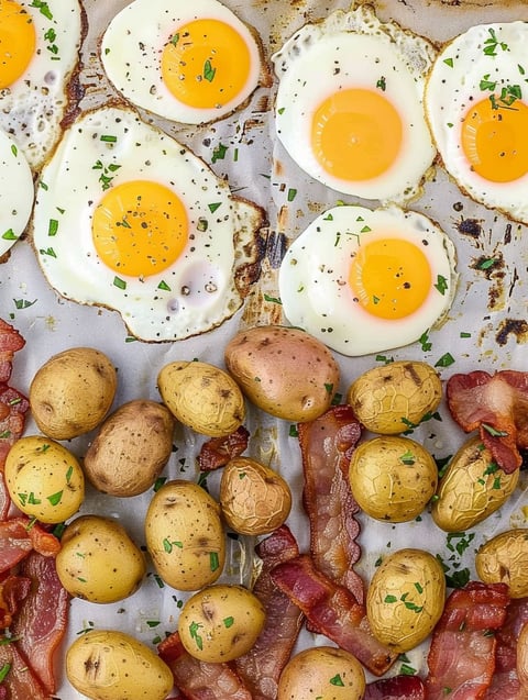 A breakfast plate with eggs, potatoes, and bacon.