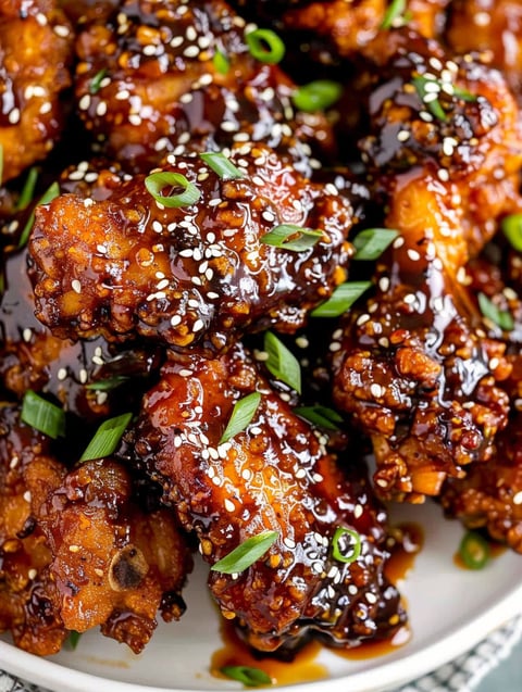 A plate of Korean chicken with sauce.
