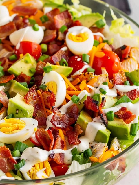 A bowl of chicken bacon ranch layered salad.