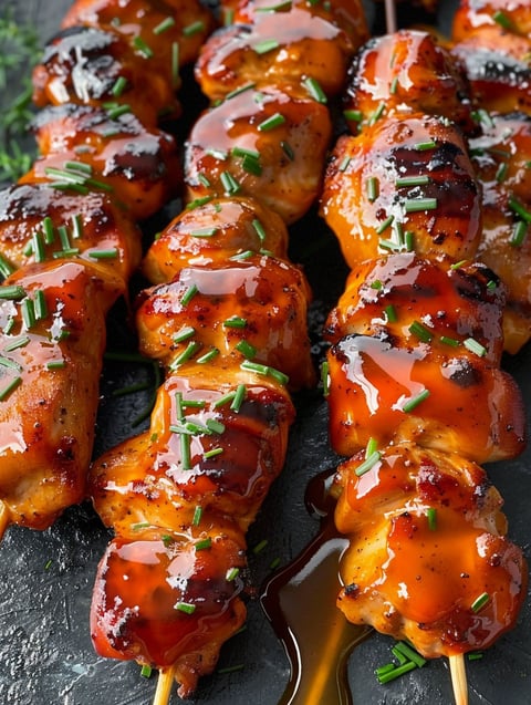 Grilled chicken skewers with honey and herbs.