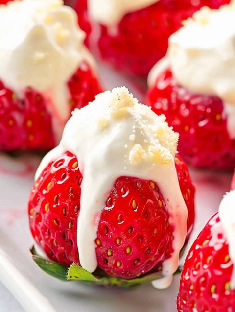 A plate of strawberries with whipped cream on top.