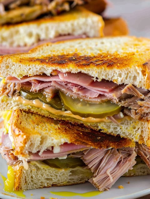 A close up of a slow cooker cuban sandwich.