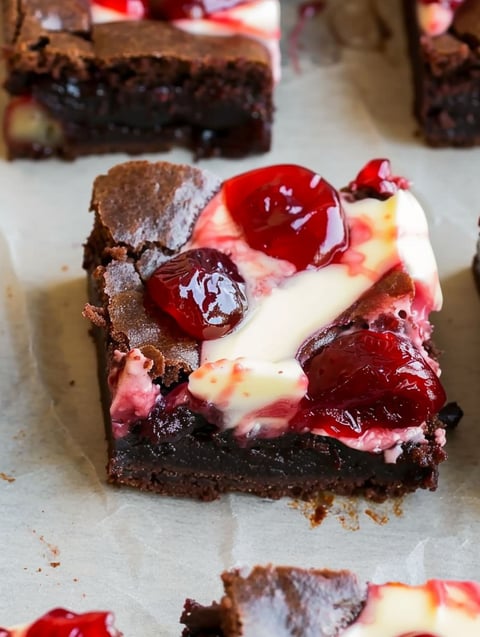 A slice of cherry cheesecake brownies.