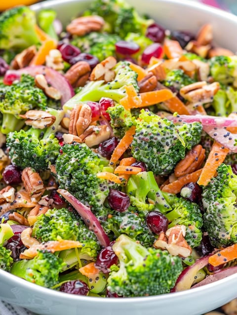 A close up of a salad with broccoli and other vegetables.