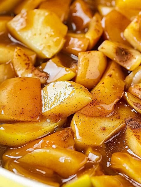A close up of fried apples in a sauce.