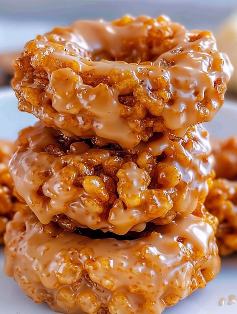 Pumpkin Rice Krispie donuts stacked on a plate.