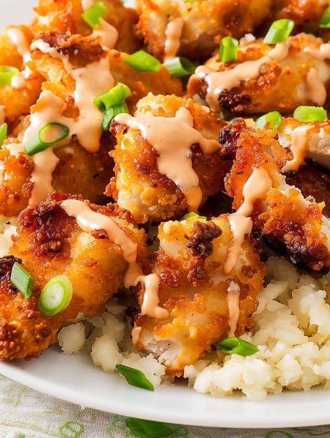 A plate of bang bang chicken with sauce.