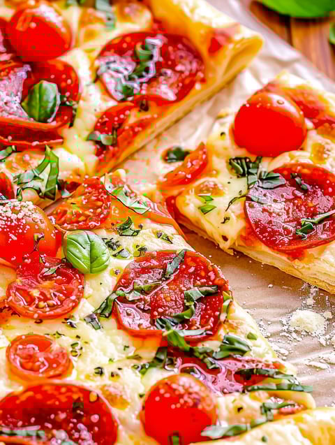 A slice of pizza with tomatoes and basil.