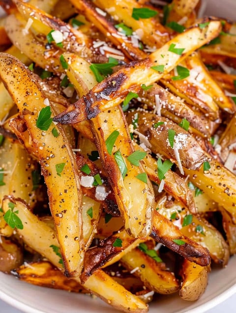 Air fryer french fries with cheese and herbs.