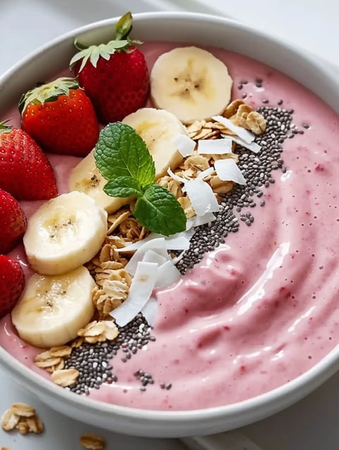 A bowl of strawberry banana paradise smoothie.