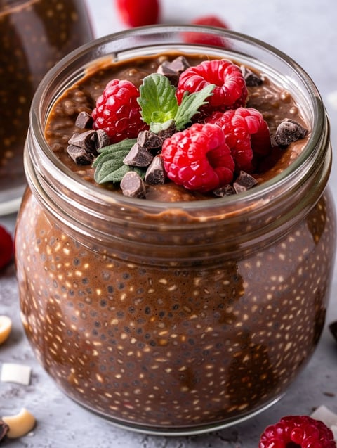 A jar of chocolate chia pudding with raspberries on top.