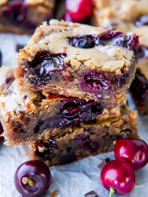 A stack of chocolate chip cherry bars.