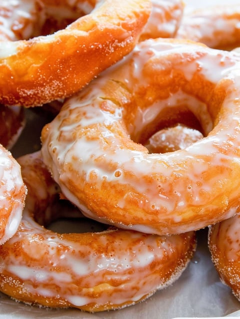 A plate of glazed donuts with sour cream.