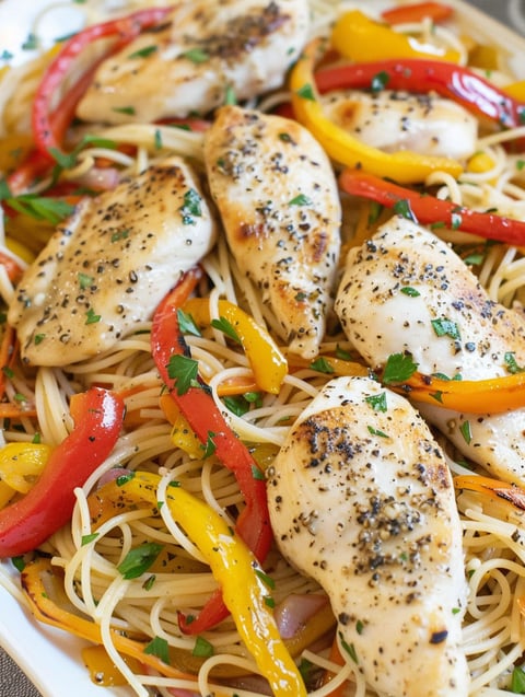 A plate of chicken scampi with peppers and spices.