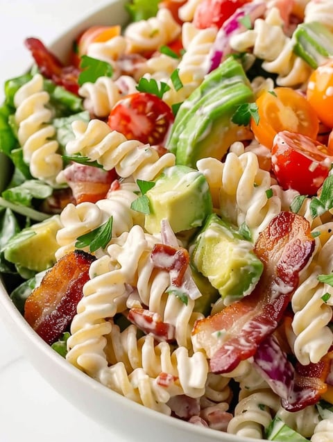 A BLT pasta salad with tomatoes, avocado, and bacon.