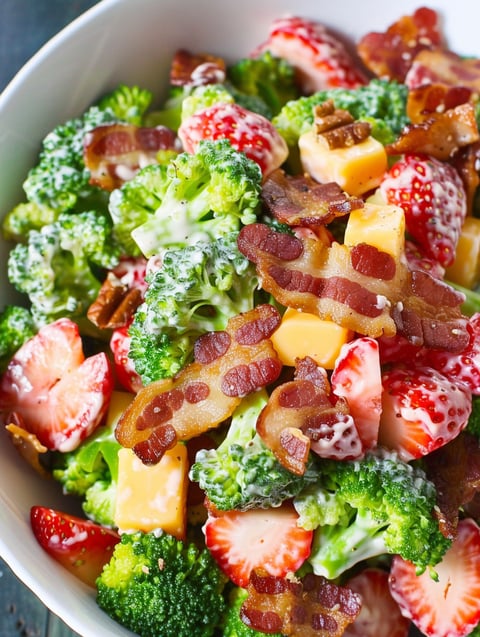 A bowl of salad with broccoli, strawberries, bacon, and cheddar cheese.