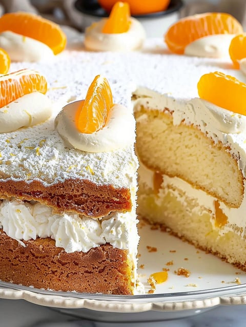 A slice of Grandma's Cream Cheese Cake with Mandarins.
