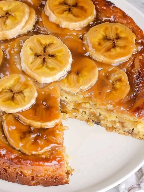 A slice of banana upside down cake.