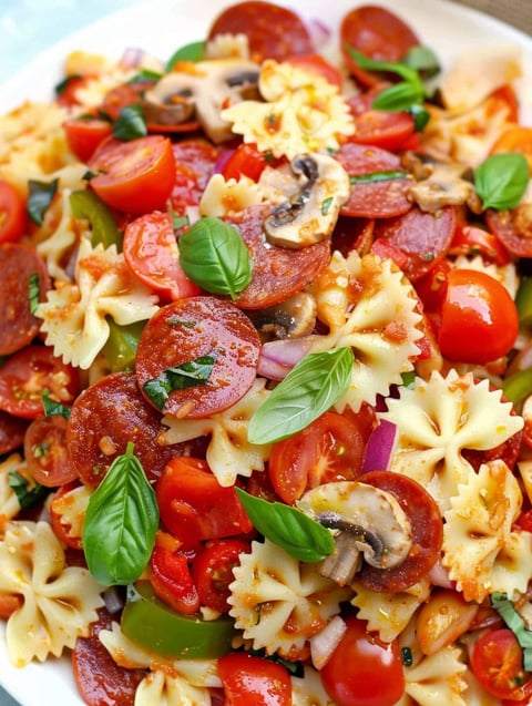 A delicious pasta salad with tomatoes, mushrooms, and basil.