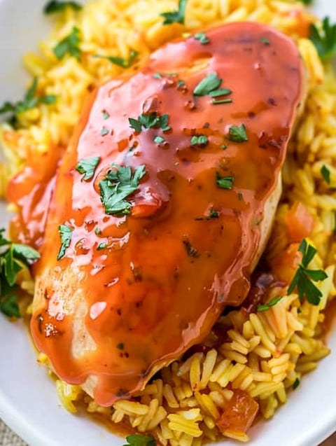 A piece of chicken with a red sauce on top.