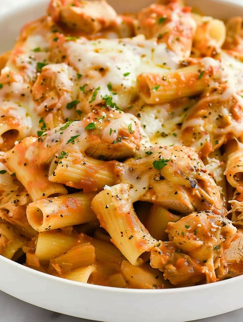 A plate of chicken parmesan pasta.