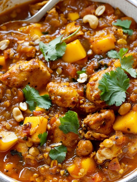 A dish of chicken with mango sauce.