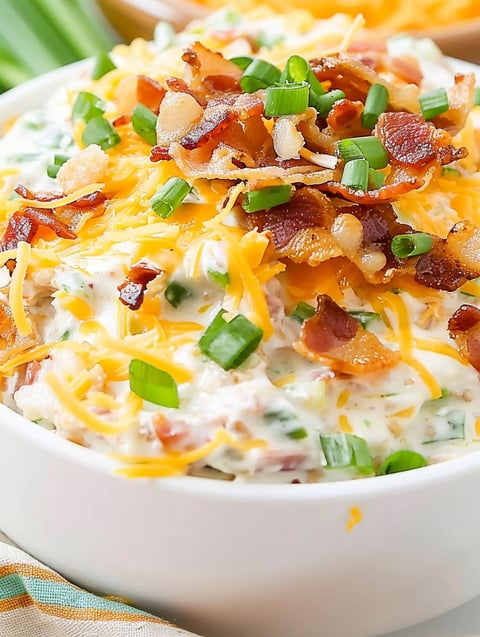 A bowl of bacon and cheese dip.