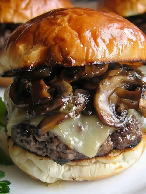 A juicy mushroom swiss burger recipe.